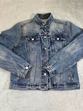 GAP 1969 Vintage Distressed Blue Denim Trucker Jacket - Size Large